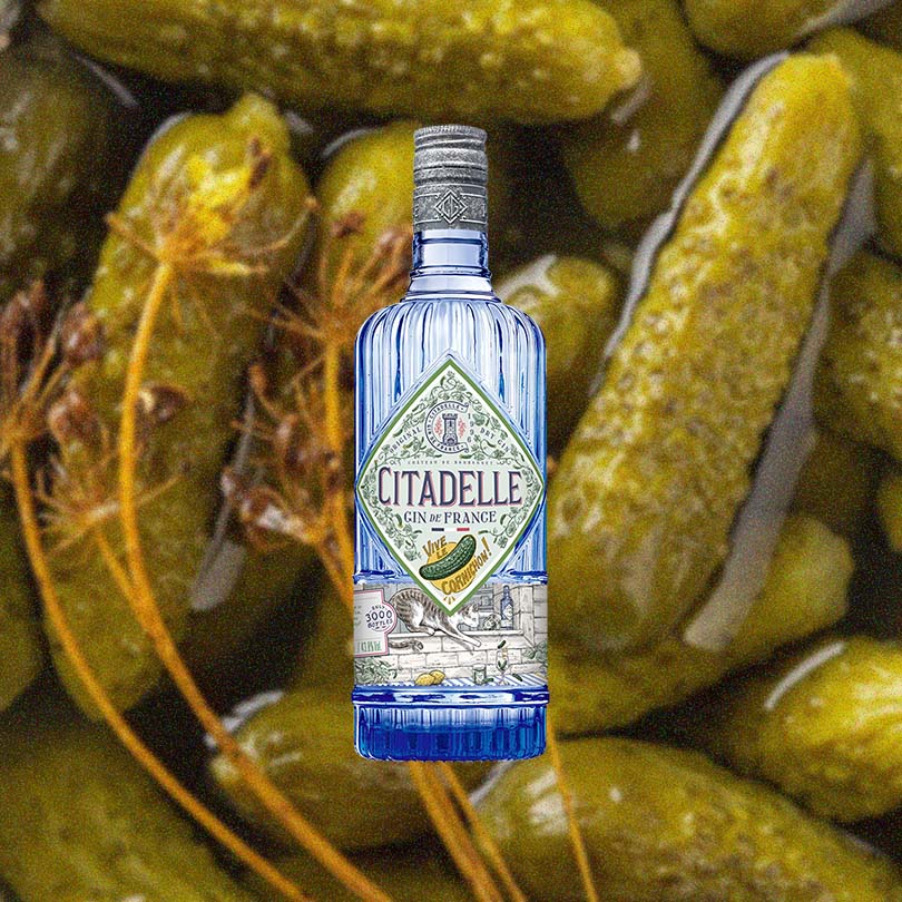 Bottle of Citadelle Vive le Cornichon Gin over backdrop of small pickles.