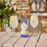 Citadelle gin bottle with two glasses of lemon-lime cocktails on a wooden surface.