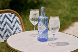 Citadelle gin bottle with two glasses of gin and tonic on a table outdoors.