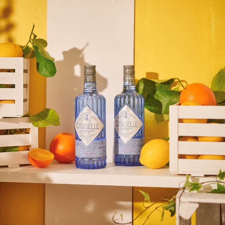 Two bottles of Citadelle gin on a surface with fruits and plants in the background.