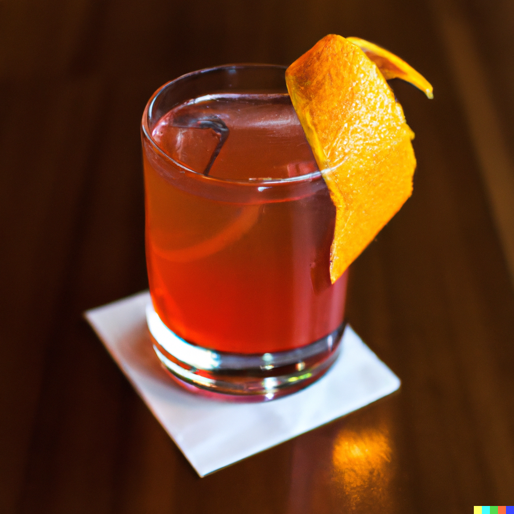 Old Fashioned cocktail with Orange garnish on a table.