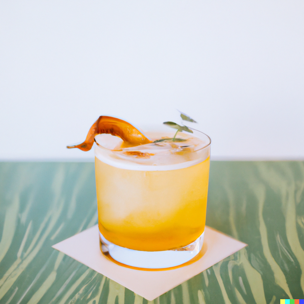 Photograph of a Oaxaca Old Fashioned cocktail on a table in the style of a contemporary cocktail recipe book.