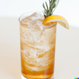 A scotch highball cocktail on a table in the style of a contemporary cocktail recipe book.