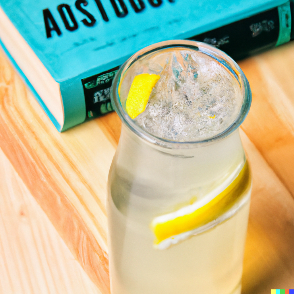 An Absolut Citron Lemonade with Absolut Vodka sitting on a wooden table next to a blue book.