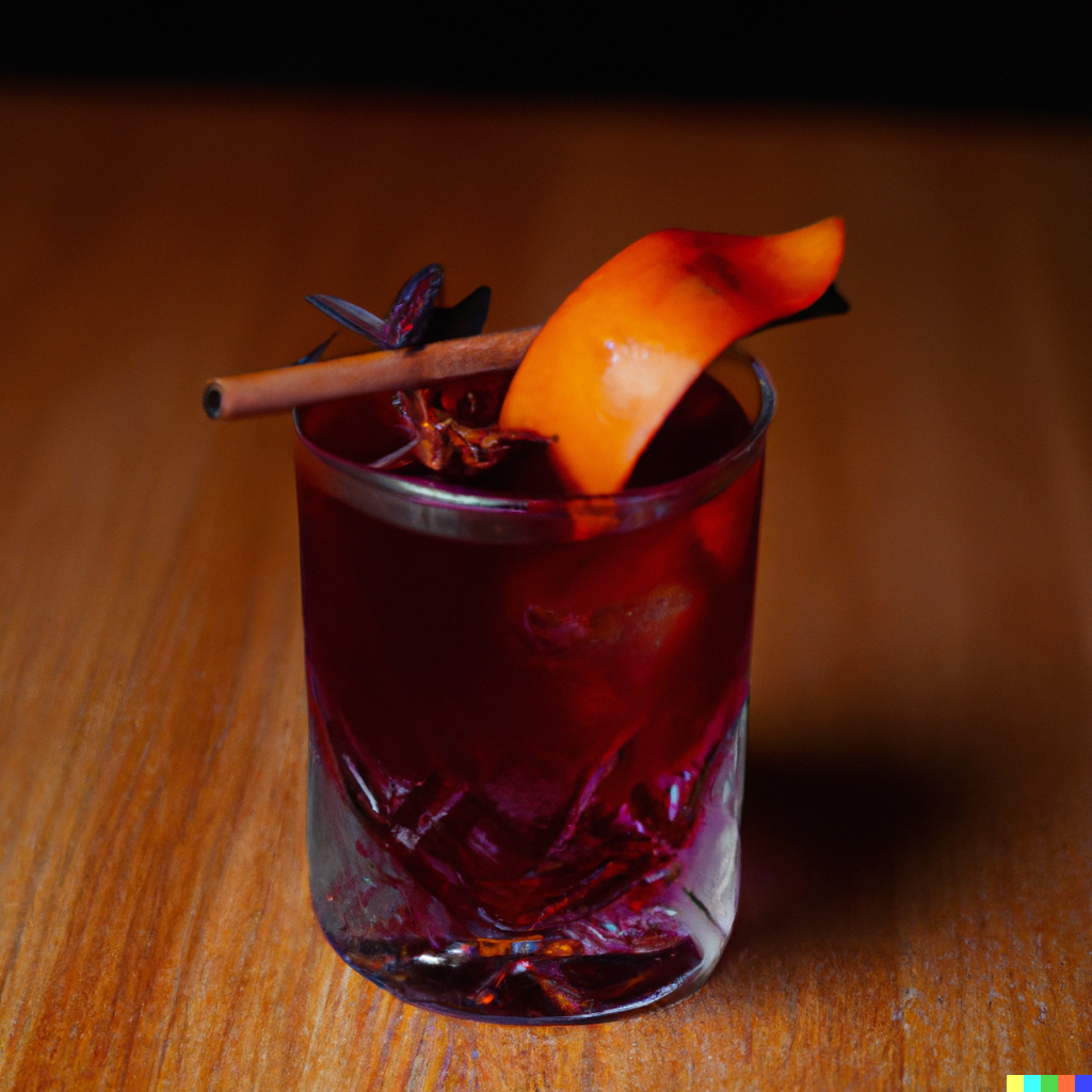 "Trinidadian Negroni" with Amaro di Angostura Liqueur sitting on a table in the style of a modern cocktail recipe book.