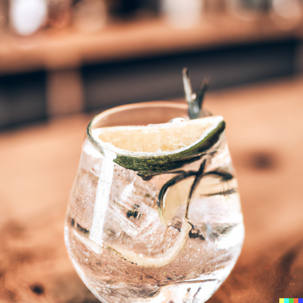 A classic Gin & Tonic with a lime wedge garnish sitting on a wooden table.