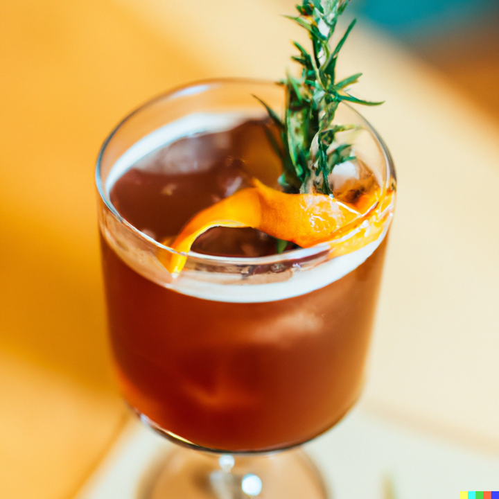 A "Montenegroni" with Amaro Montenegro cocktail with an orange peel garnish. Sitting on a table.