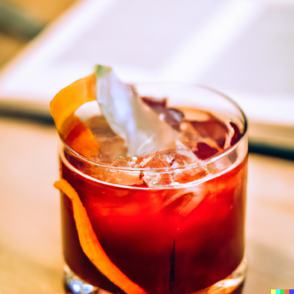 A "Montenegroni" with Amaro Montenegro cocktail with an orange peel garnish. Sitting on a table.
