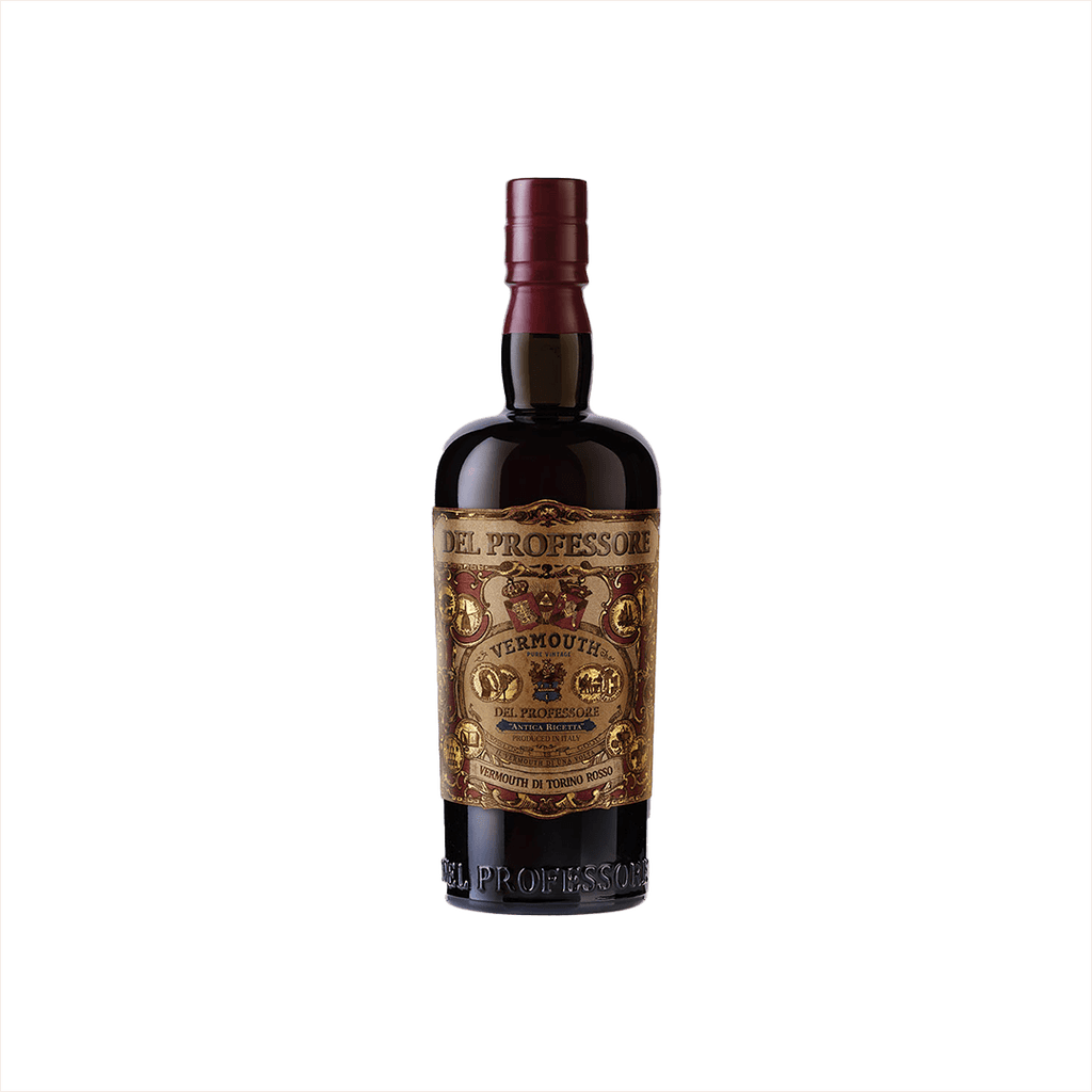 An appealing stately bottle of dark liquid with a burgandy foil wrapped top. The label is ornate in rich colors and reads: Del Professore Vermouth. There are large embossed letters of the same title running along the bottom of the bottle.