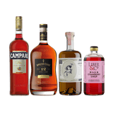 Bottles of Campari, Appleton 12 Rum, St. George Absinthe Verte, Liber & Co. Pacific Syrup.