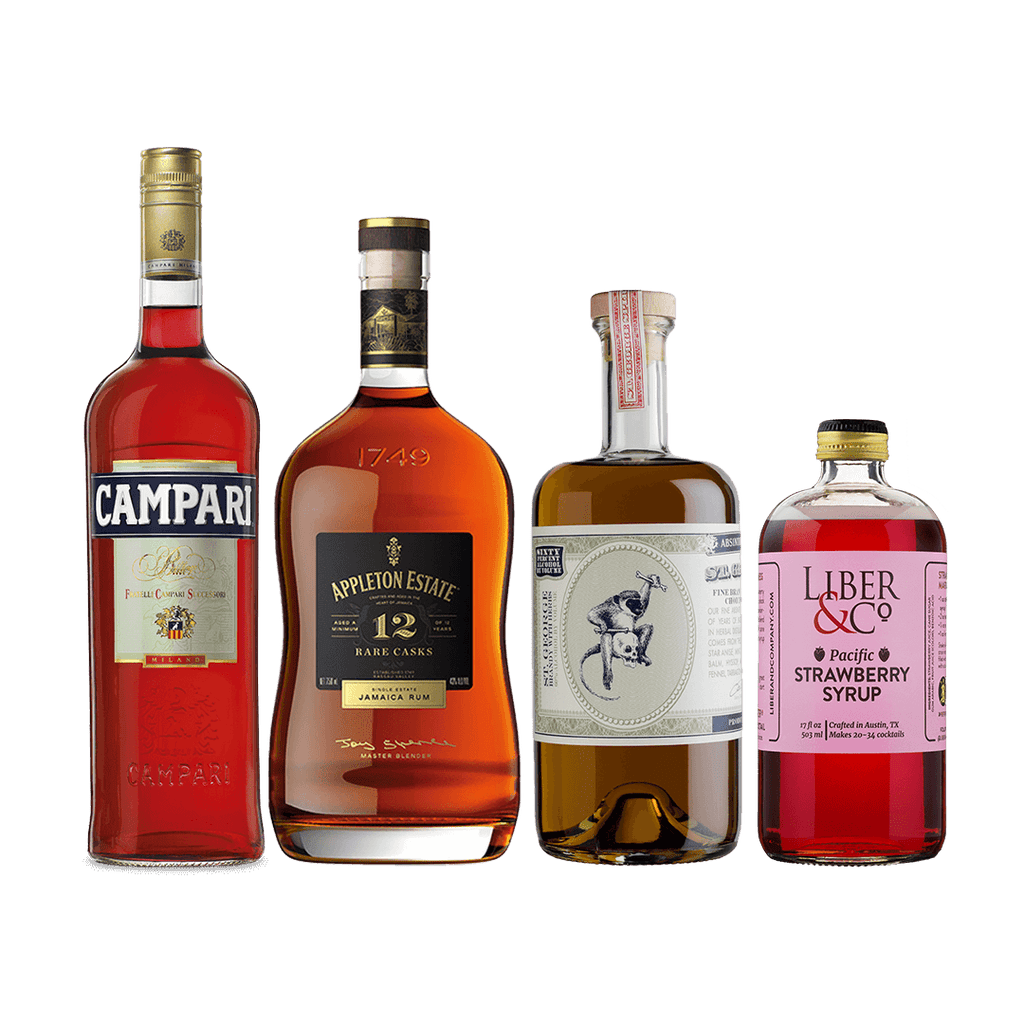 Bottles of Campari, Appleton 12 Rum, St. George Absinthe Verte, Liber & Co. Pacific Syrup.