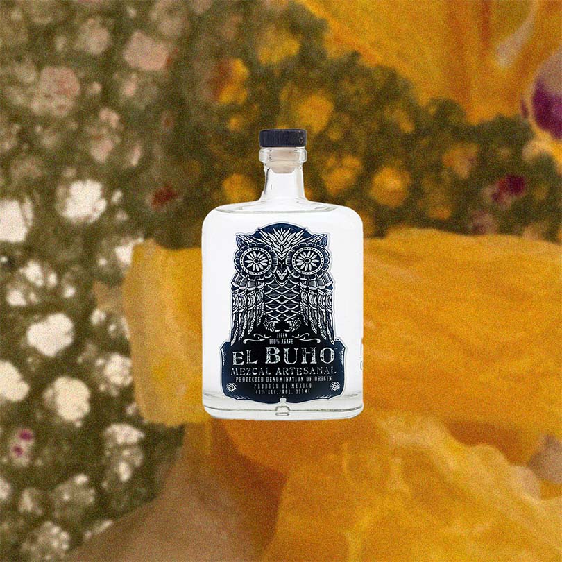 Bottle of El Buho Mezcal Artesanal Espadin over backdrop image of dried fruit up close.