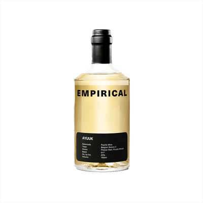 A refined looking minimalistic yellow bottle with the word EMPIRICAL on top in large black sans serif font. Ayuuk is on a black label at the bottom, including a list of ingredients: Botanicals - Pasilla Mixe; Yeast - Belgian Saison 2; Grains - Pilsner Malt, Purple Wheat