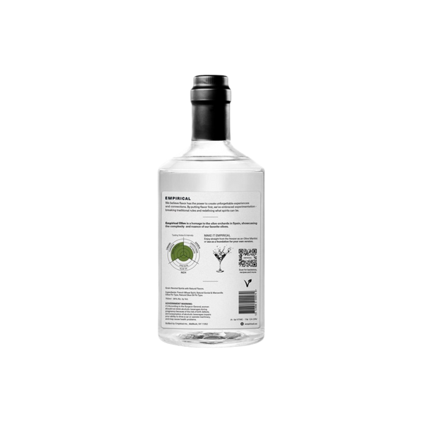 Back label of Empirical Olive Spirit bottle.