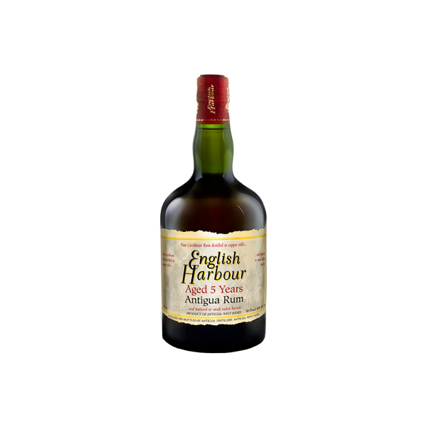 Bottle of English Harbour 5 Years Antigua Rum on a white background