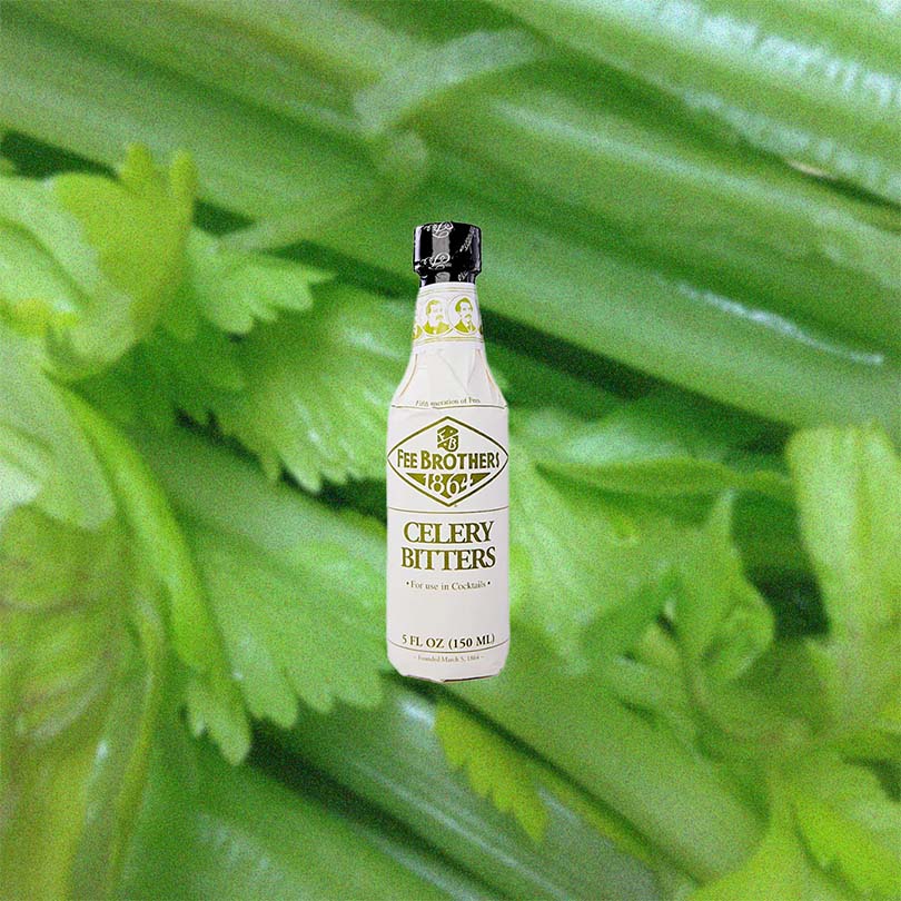 Bottle of Fee Brother's Celery Bitters over backdrop image of celery.