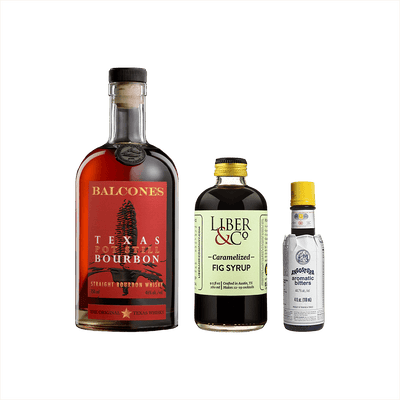 Bottles of Balcones Texas Pot Still Bourbon, Liber & Co. Caramelized Fig Syrup, and Angostura Aromatic Bitters. product image