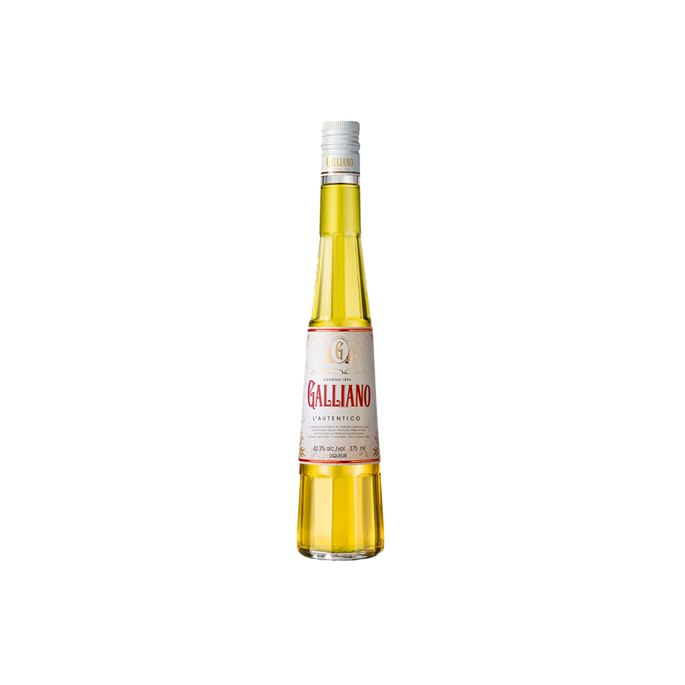 A bottle of Galliano Authentico, yellow in color, tall and elongated shape with the brand name: Galliano, in red script