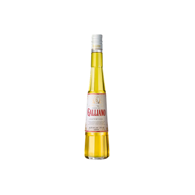 A bottle of Galliano Authentico, yellow in color, tall and elongated shape with the brand name: Galliano, in red script