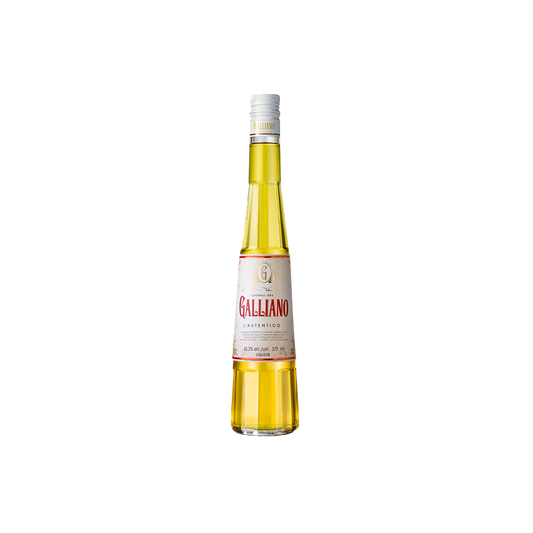 A bottle of Galliano Authentico, yellow in color, tall and elongated shape with the brand name: Galliano, in red script