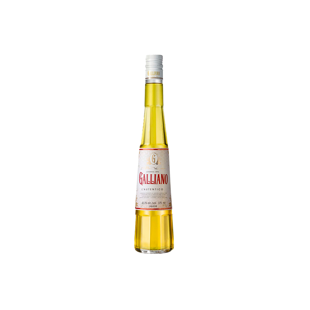 A bottle of Galliano Authentico, yellow in color, tall and elongated shape with the brand name: Galliano, in red script