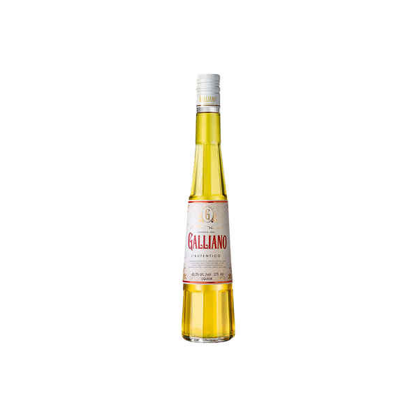 A bottle of Galliano Authentico, yellow in color, tall and elongated shape with the brand name: Galliano, in red script