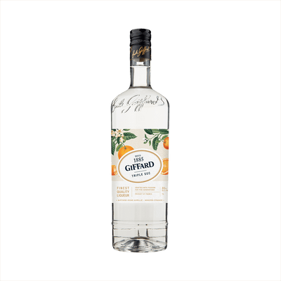 A clear tall bottle of triple sec with a beautifully illustrated label featuring oranges and orange leaves. The label reads 1885 Giffard Triple Sec