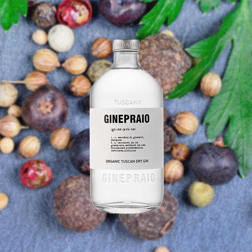 Bottle of Ginepraio Organic Tuscan Dry Gin over backdrop image of fruits and nuts on a blue table or cloth.