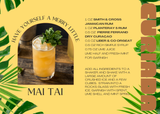 Mai Tai cocktail recipe with ingredients and garnish on a yellow background with palm leaves.