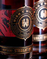 Bottle of High N' Wicked Kentucky Straight Rye with a close-up of the label.