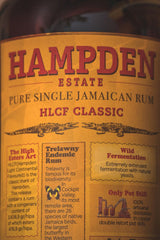 Hampden Estate Pure Single Jamaican Rum bottle label with text and graphics.