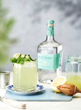 Hayman's gin bottle with a cocktail and lemon on a tray