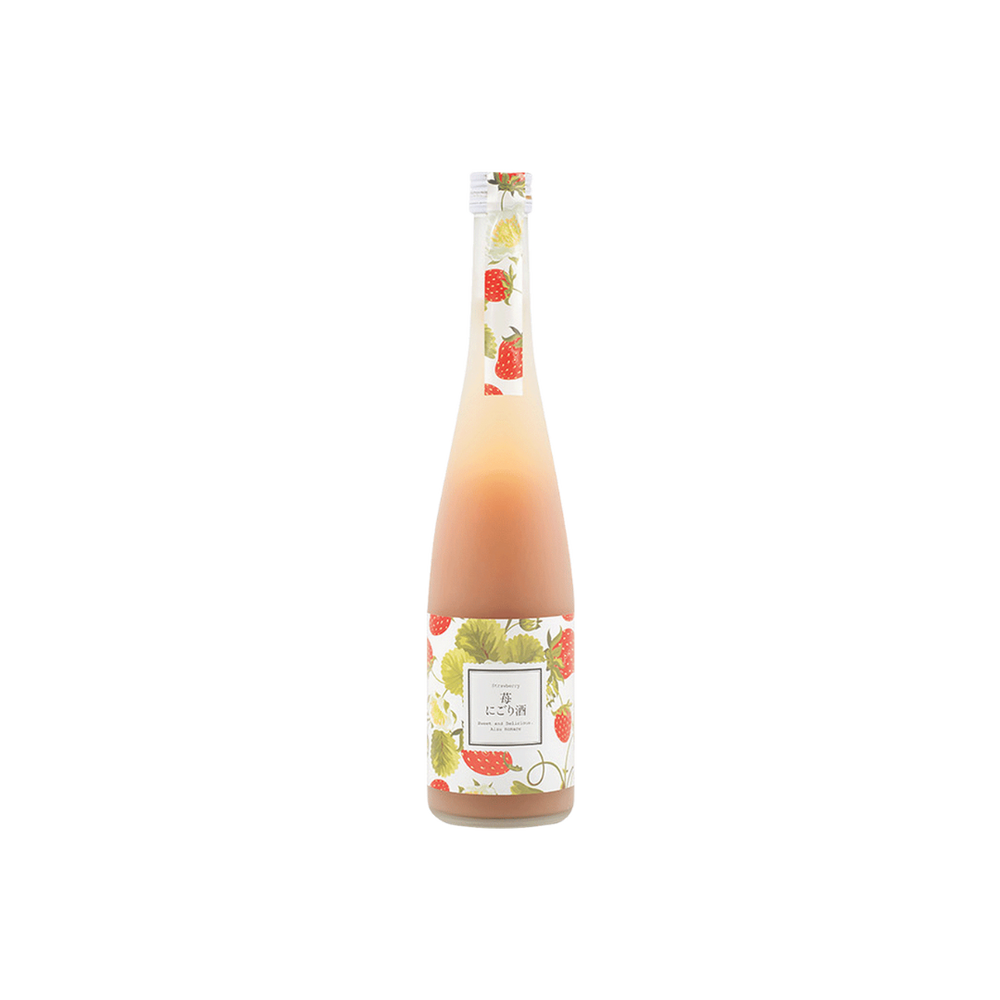 A bottle of Homare Strawberry Nigori Sake with a label featuring illustrations of strawberries and leaves on a white background.