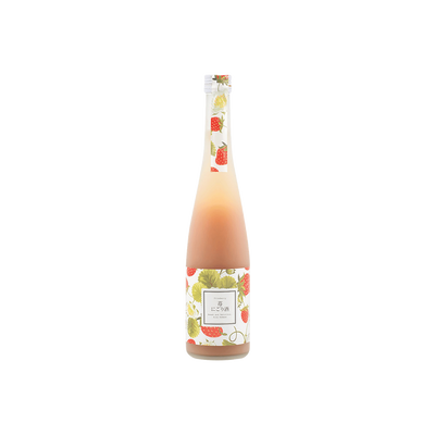 A bottle of Homare Strawberry Nigori Sake with a label featuring illustrations of strawberries and leaves on a white background.