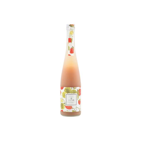 A bottle of Homare Strawberry Nigori Sake with a label featuring illustrations of strawberries and leaves on a white background.