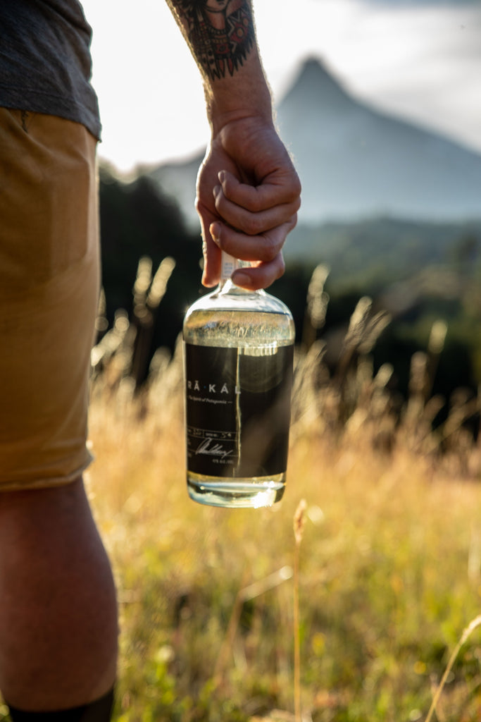 A bottle of Trakal Patagonia Spirit in the foregound, a mountain in the distance. The bottle is held by a man with a tattooed arm -- you just see his partial profile from the waist down.