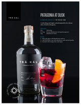 A cocktail recipe for Trakal Patagonian Spirit: Patagonia at Dusk,  It calls for filling a rocks glass with .25 cups of frozen blueberries and ice.  Pouring 2 oz of Trakal over it and topping it with elderflower tonic. Then garnishing with an orange slice.