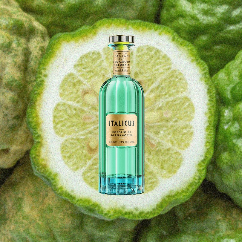 Bottle of Italicus Rosolio di Bergamotto Liqueur over backdrop image of a sliced piece of green fruit.