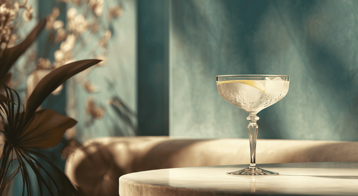 Cocktail glass with a lemon twist on a marble surface with a blurred background