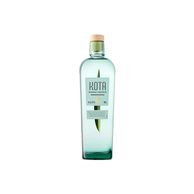 A bottle of Kota Pandan Liqueur with a label that includes the product name and an illustration of pandan leaves.