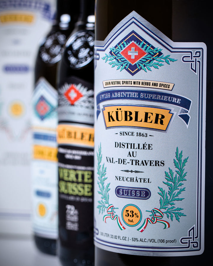 Kübler absinthe bottle with a close-up of the label