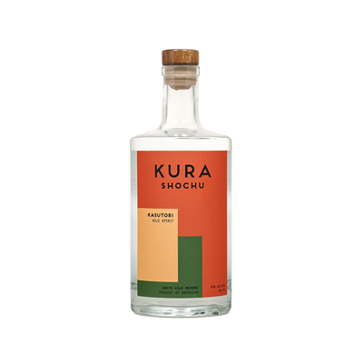 Kura Shochu bottle with a colorful label on a white background