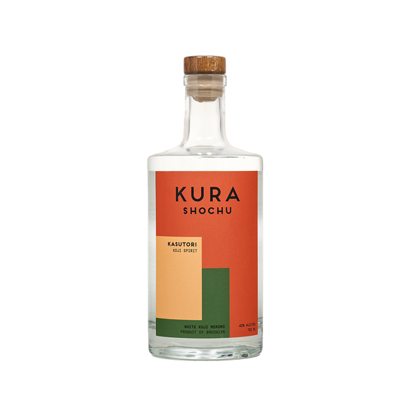 Kura Shochu bottle with a colorful label on a white background