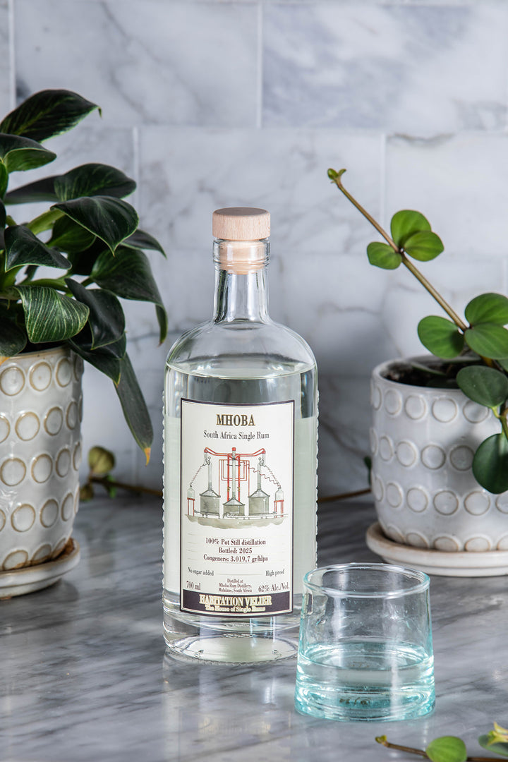 Clear bottle of Meoba South African rum on a marble surface with potted plants in the background.