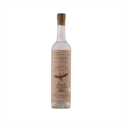 A tall thin bottle of mezcal with a craft paper label that reads: La Puritita Verda from Pierde Almas.  There's an illustration of a winged devil like creature diving into an agave plant.