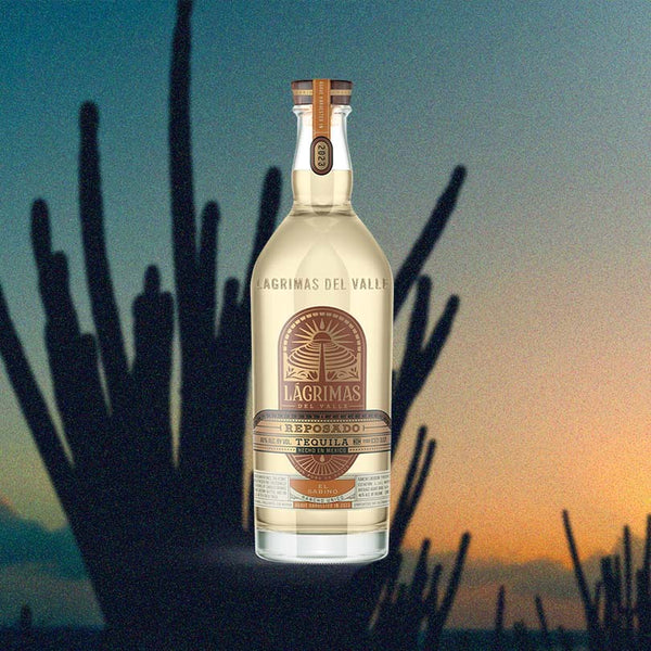 Bottle of Lágrimas del Valle 2023 El Sabino Reposado Tequila over backdrop of desert at sunset or sunrise.