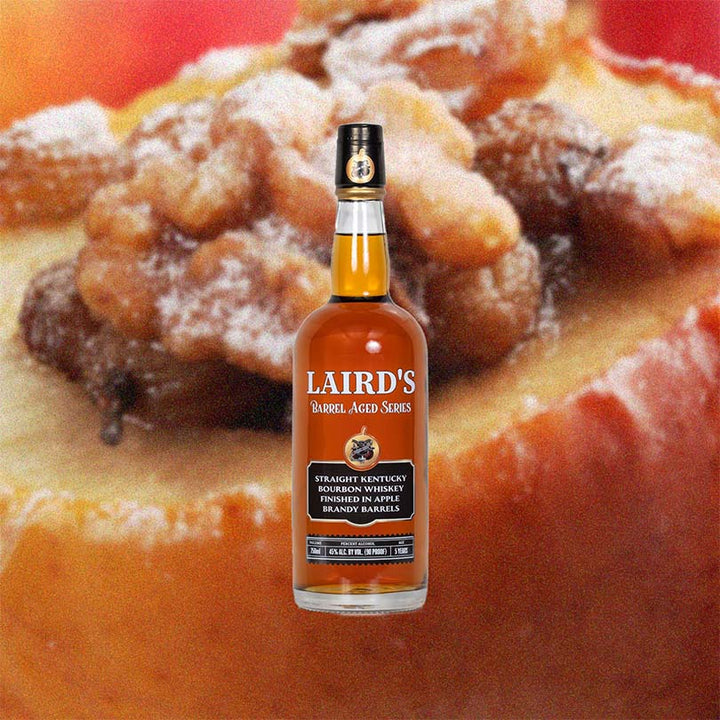 Bottle of Laird's Straight Kentucky Bourbon Whiskey Barrel Finished Series over backdrop image of a Danish up close. 