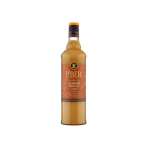 A bottle of Liber & Co. Almond Orgeat Syrup with a label showcasing the brand and product name, set against a plain background.