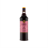 A bottle of Liber & Co. Real Grenadine with a pink label, showcasing the product's premium quality and pomegranate flavor.