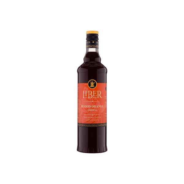 Bottle of Liber Blood Orange Cordial on a white background